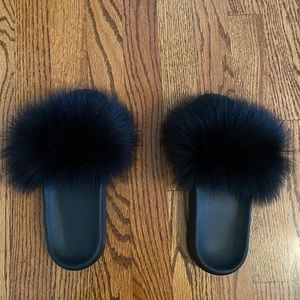 Brand NEW black slip on slides with black fur